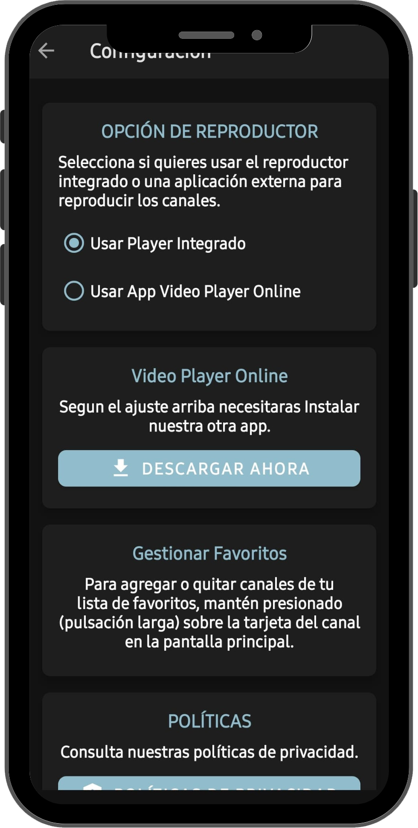 Configuraciones de la app móvil